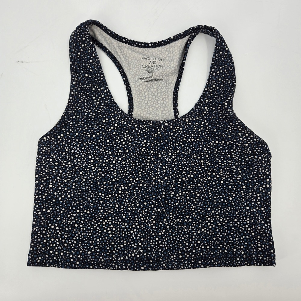 Evolution and Creation Cropped Tank Top L Blue White Speckled Racerback VGUC
